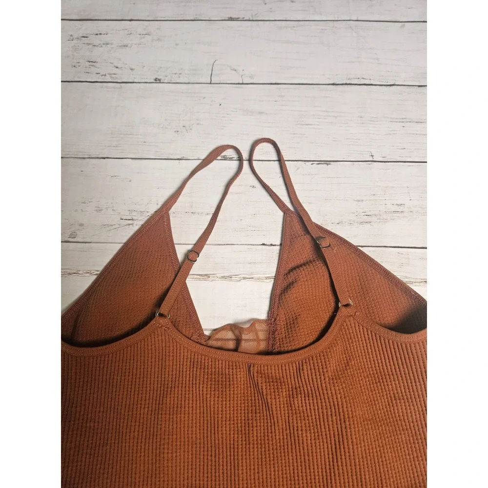 Free People Intimately Come Around Tank Top Rust Brown Ribbed Mesh V-Neck M/L - Picture 6 of 10